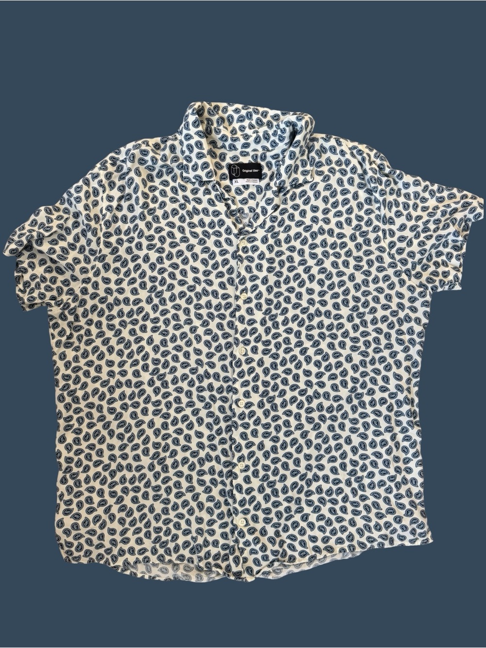 Original Use White Short-Sleeve Button-Up Shirt with Navy Paisley